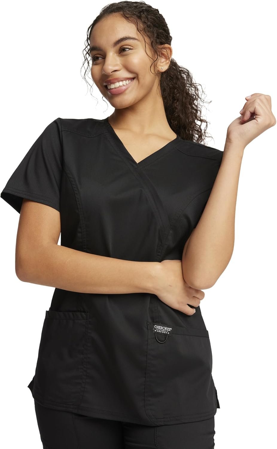 Cherokee Scrubs Top for Women Mock Wrap with 3 Pockets, Soft...