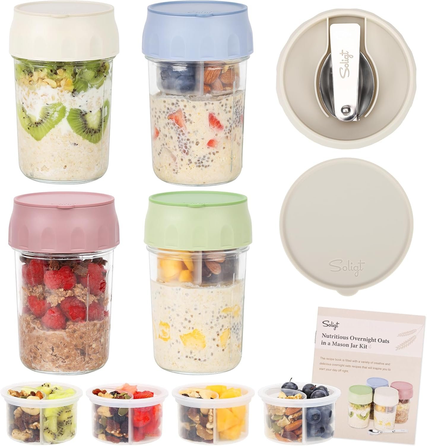 SOLIGT 4 Pack Overnight Oats Containers with Lids, Folding S...