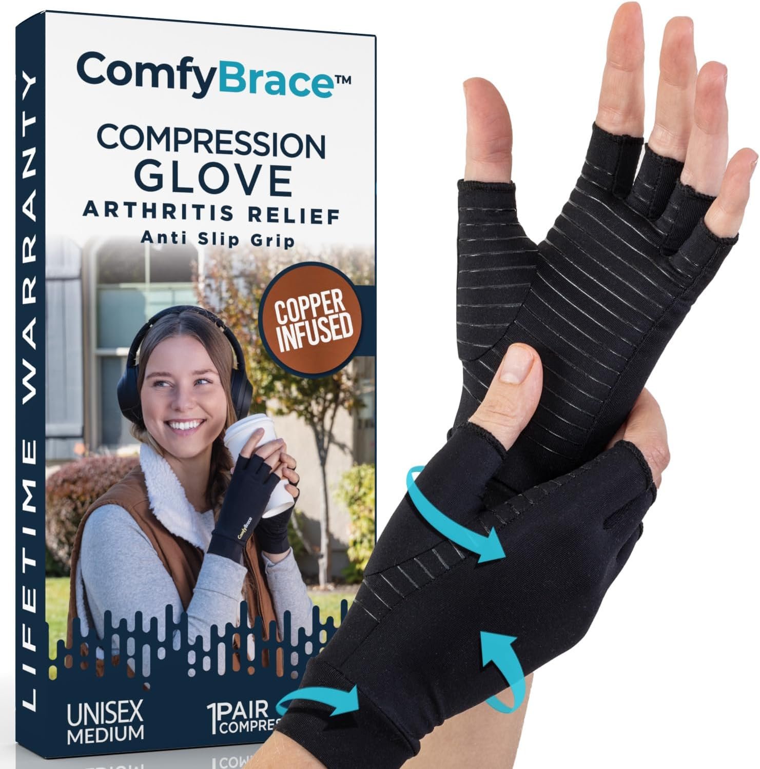 ComfyBrace Copper Infused Compression Arthritis Gloves for H...