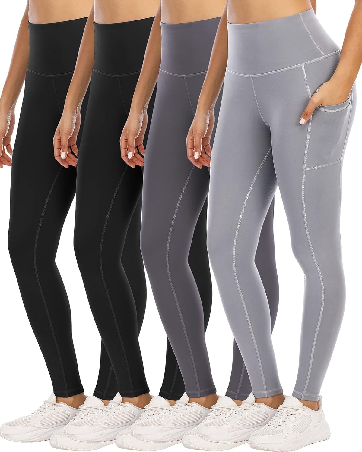 4 Pack Leggings with Pockets for Women,High Waist Tummy Cont...