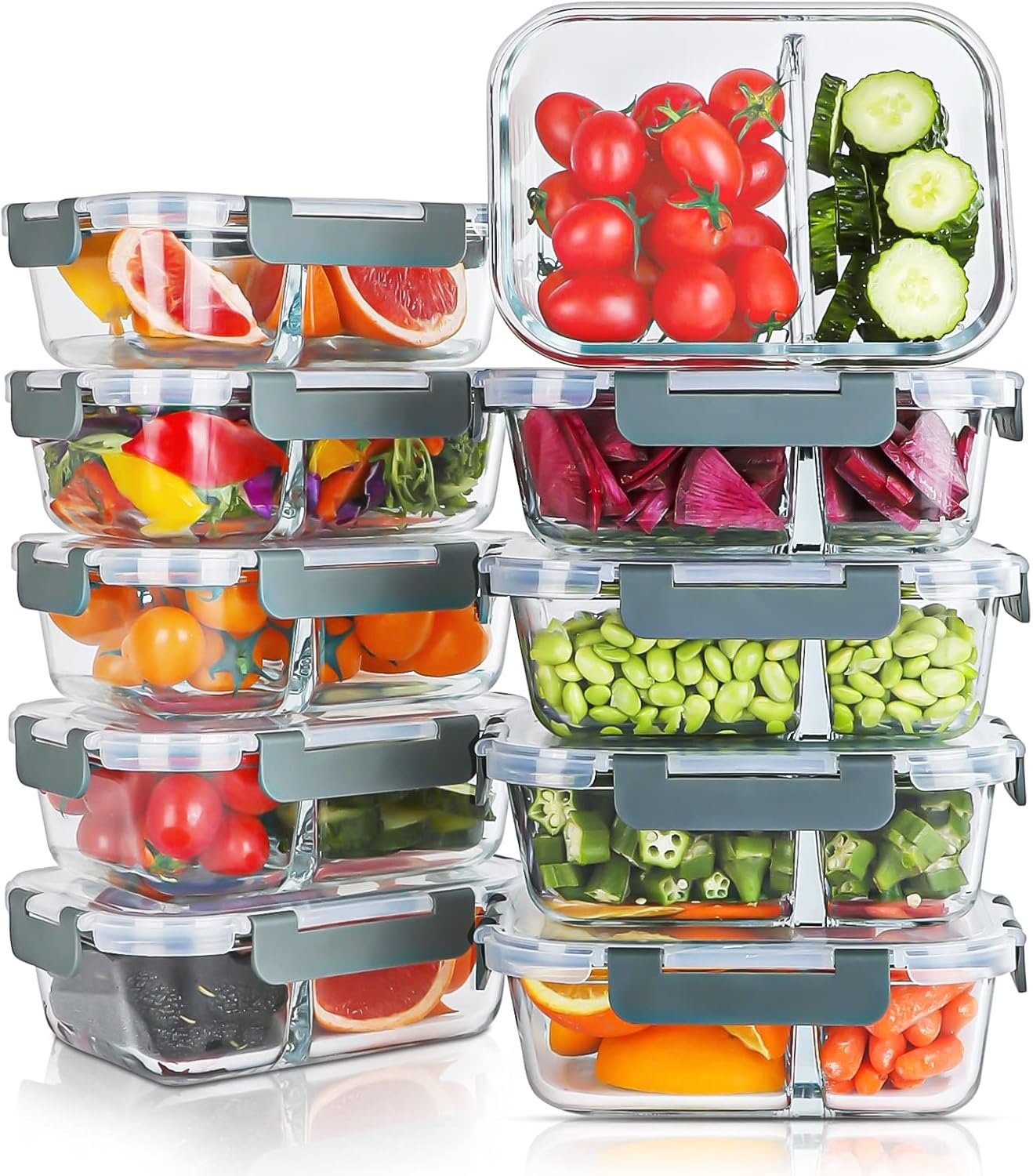 KOMUEE 10 Packs 30oz Glass Meal Prep Containers 2 Compartmen...