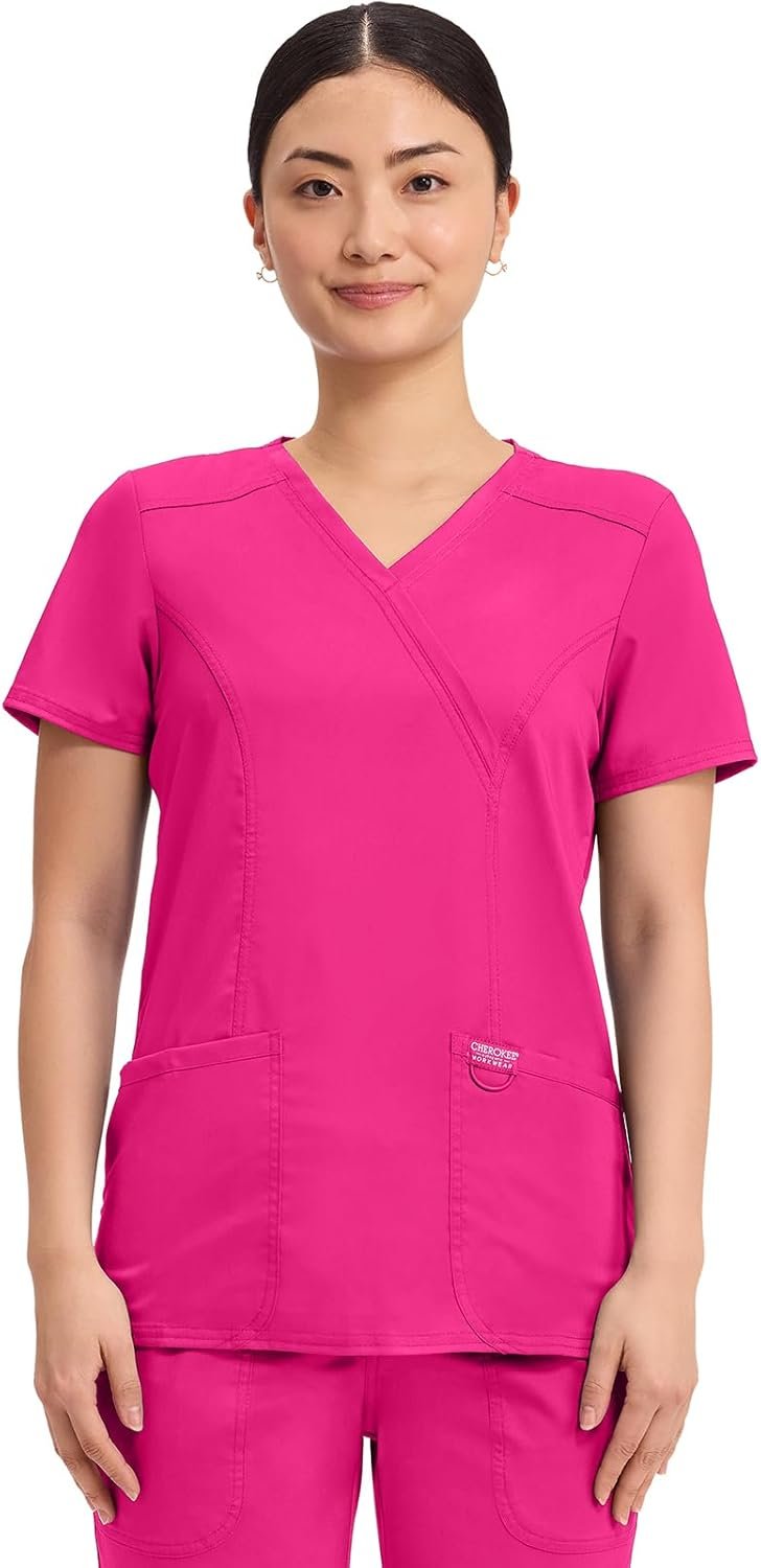 Cherokee Scrubs Top for Women Mock Wrap with 3 Pockets, Soft...