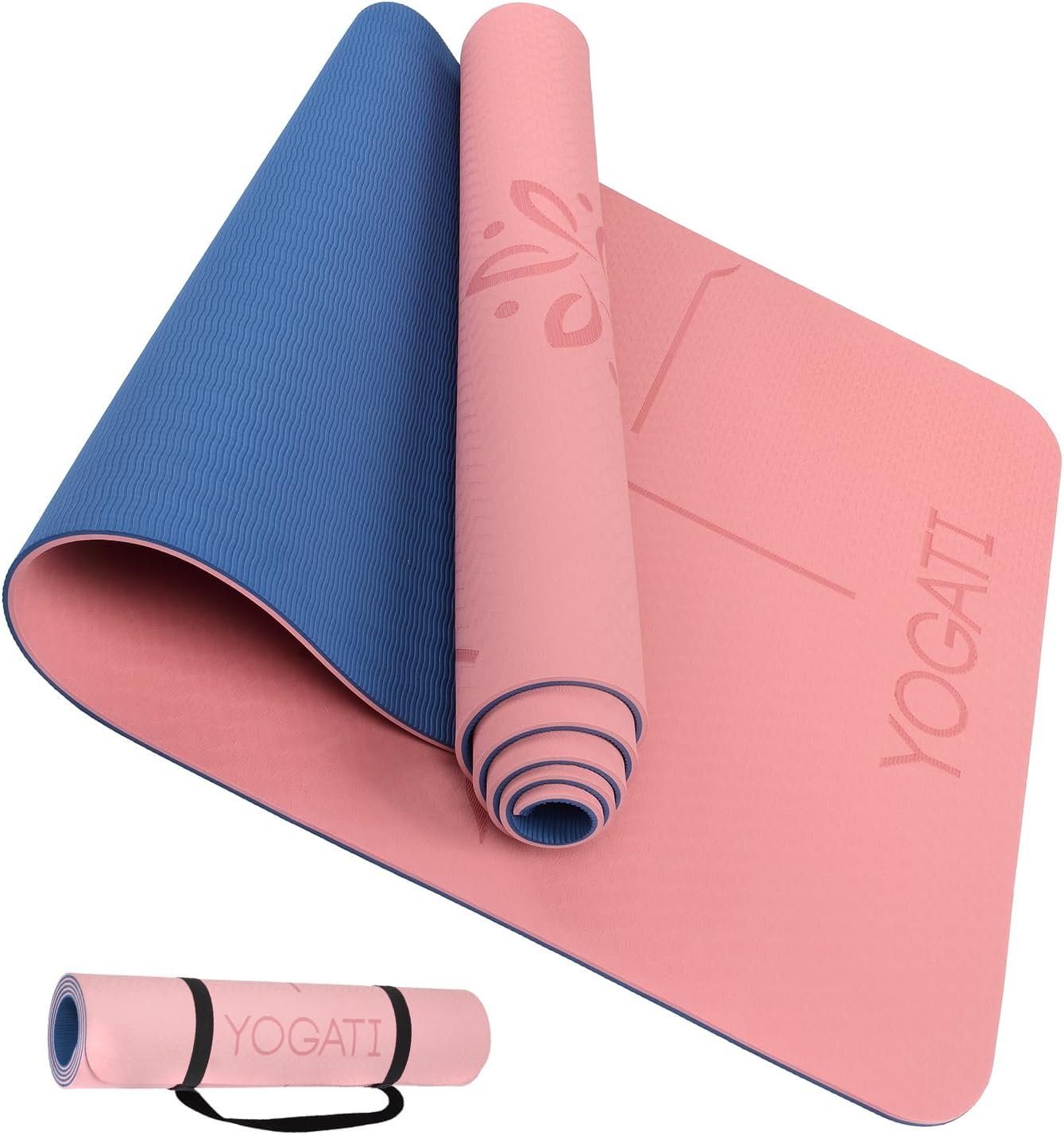 YOGATI® Yoga Mat with Strap with Alignment Lines. Home Work...