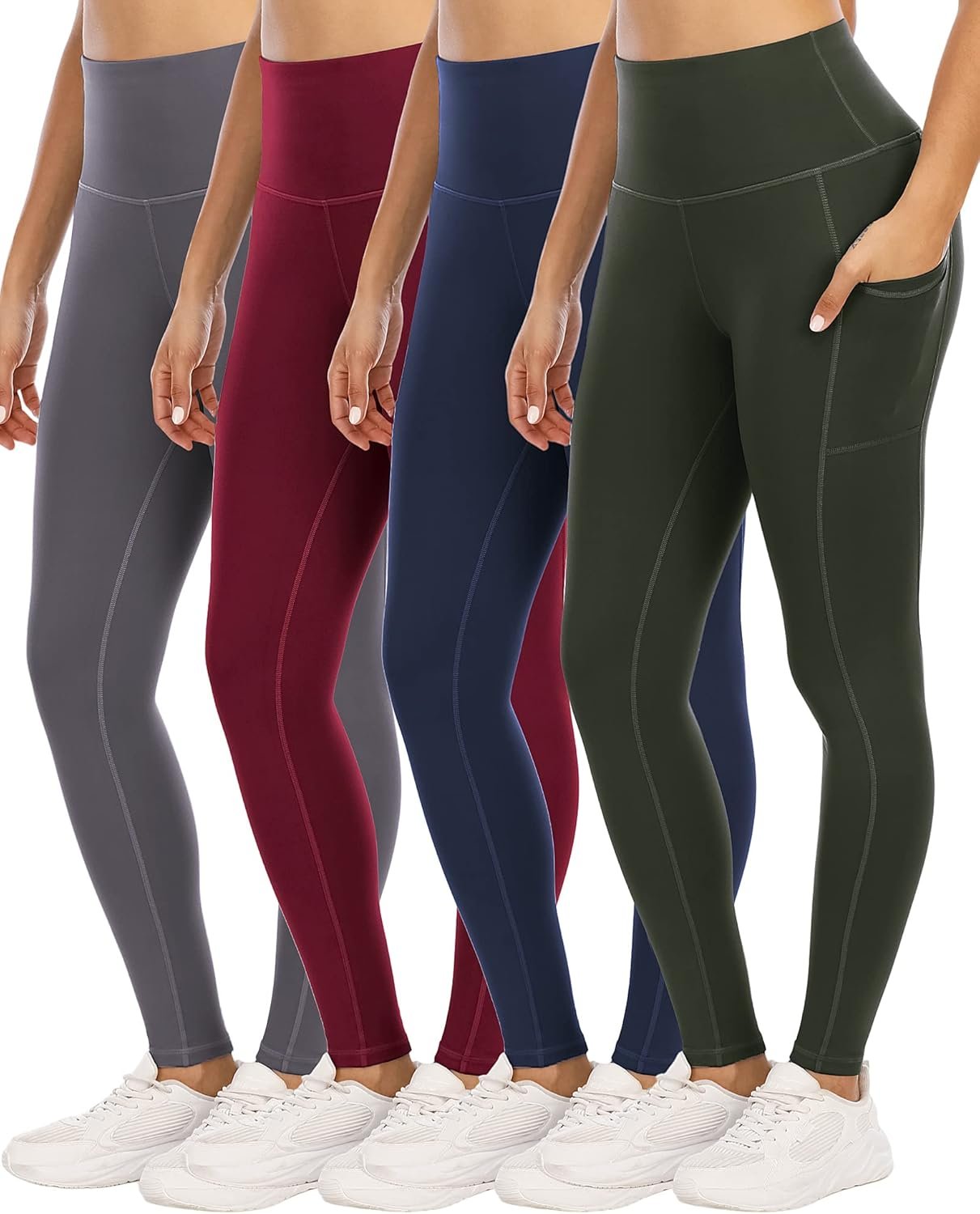 4 Pack Leggings with Pockets for Women,High Waist Tummy Cont...