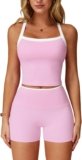 Women 2 Piece Workout Sets Padded Criss Cross Back Crop Tank High Waist Tummy Control Shorts Yoga Outfits