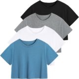 Cosy Pyro 4-Pack Women’s Cotton Crop T-Shirts Short Sleeve Solid Cropped Athletic Top Round Neck Casual Workout Yoga Tees